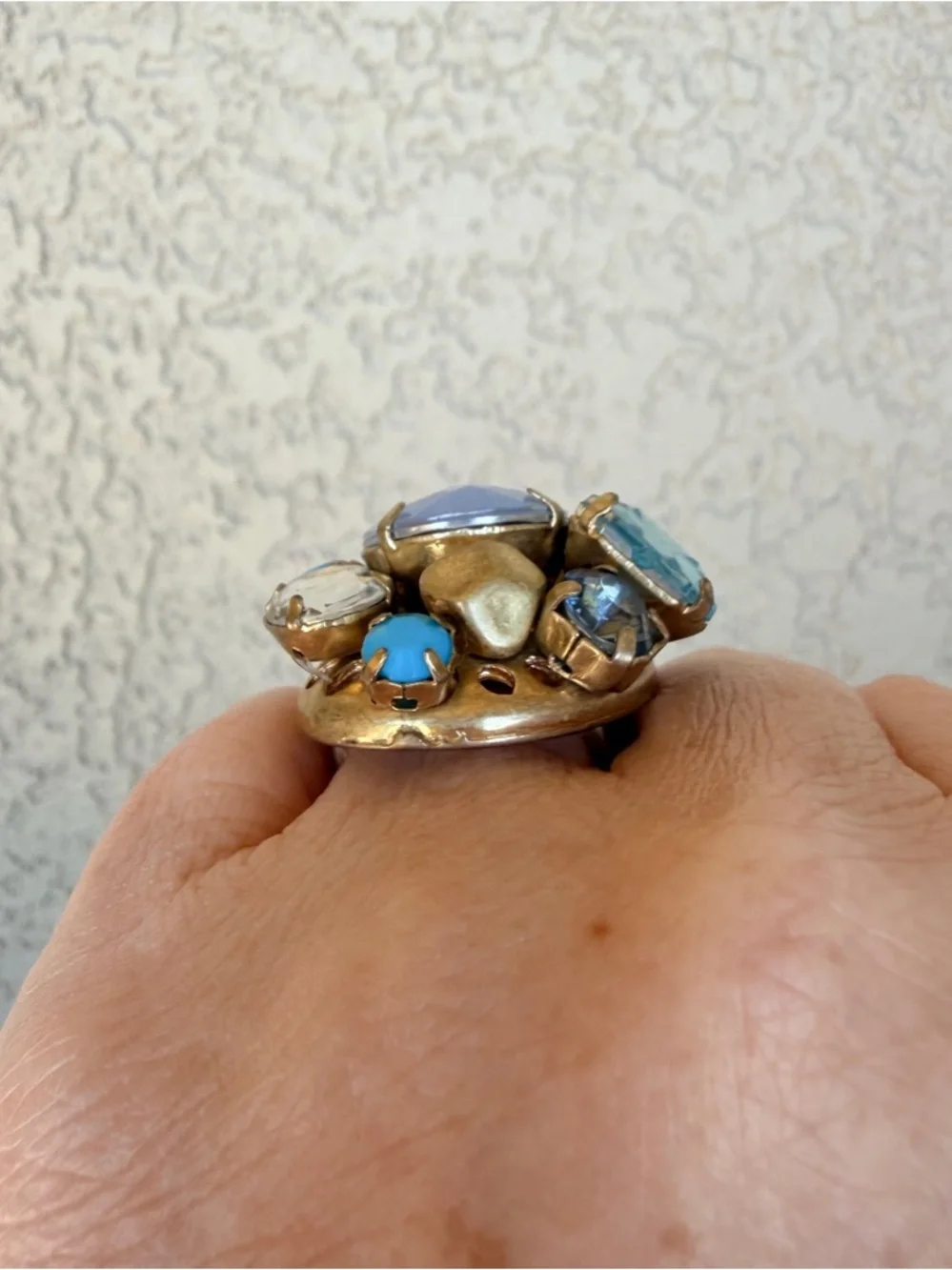 Bold Lavender Multistone Statement Ring with Aqua and Pearl Accents